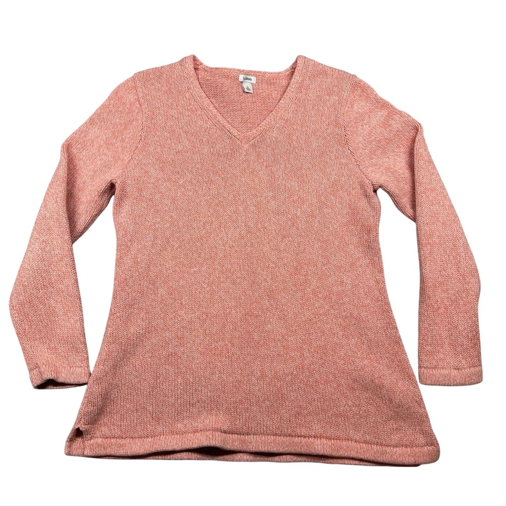 LL Bean Sweater Womens LP Orange Cotton V Neck Long Sleeve Comfort Winter